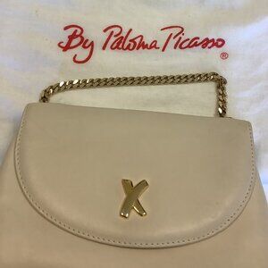 Paloma Picasso Small Crema Leather Shoulder Bag with Gold Chain